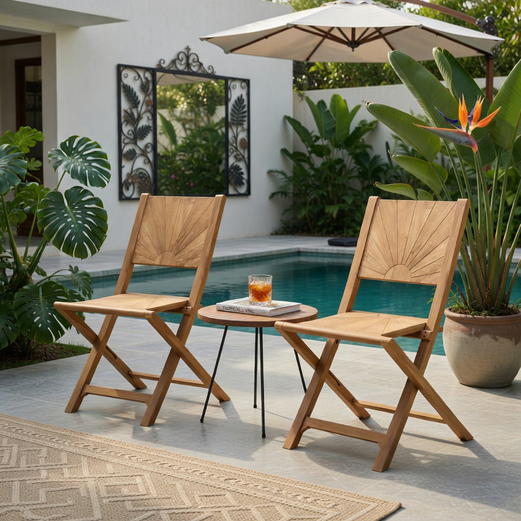 Hommoo 2-Pack Folding Teak Patio Chairs with 105° Inclined Backrest, Wood Outdoor Seating for Porch, Balcony & Garden, Natural