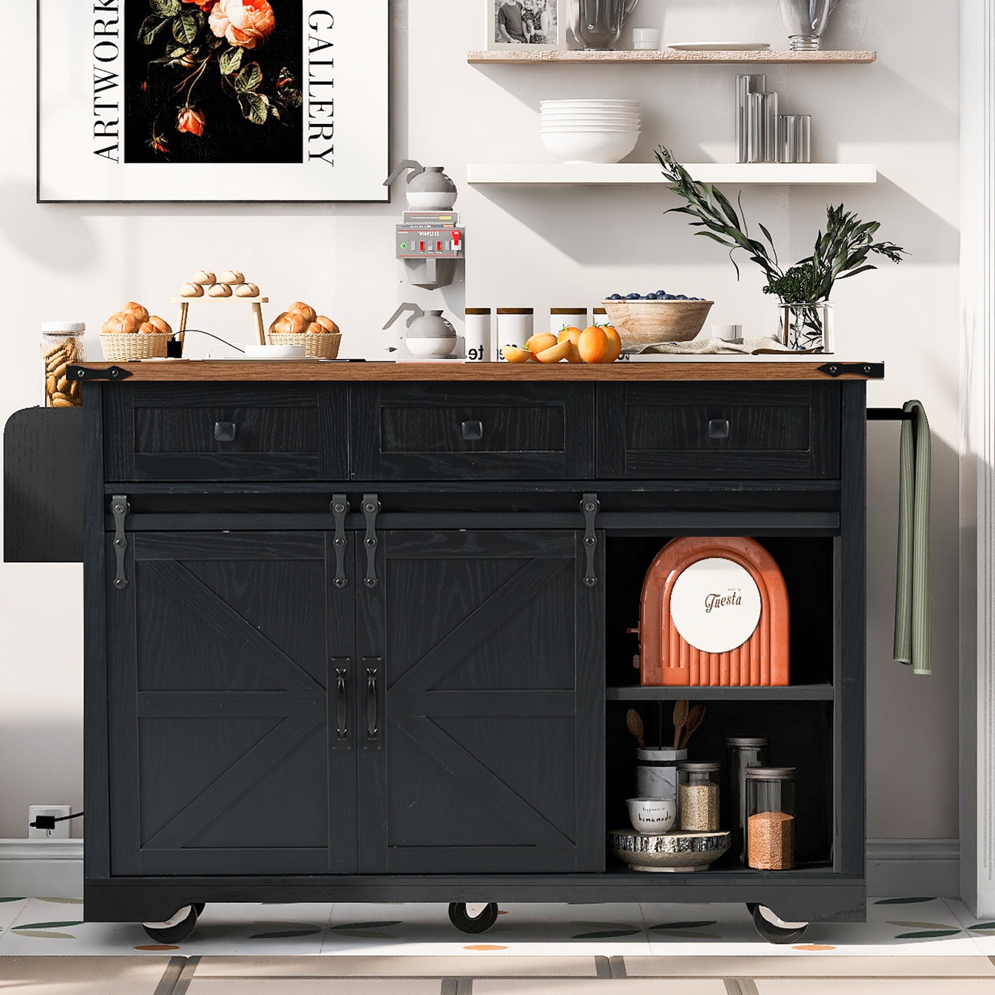 AENKYO 53.7" Farmhouse Kitchen Island with Power Outlet, 3 Drawers,2 Sliding Barn Door,Drop Leaf, Spice Rack,Rolling Kitchen Cart on Wheels for Home, Kitchen and Dining Room,Black