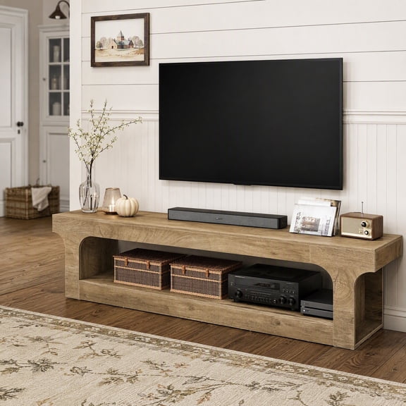 Fnova 63" Farmhouse TV Stand for 55/60/65/75-Inch TVs, 2-Tier TV Console Entertainment Center for Bedroom, Brown