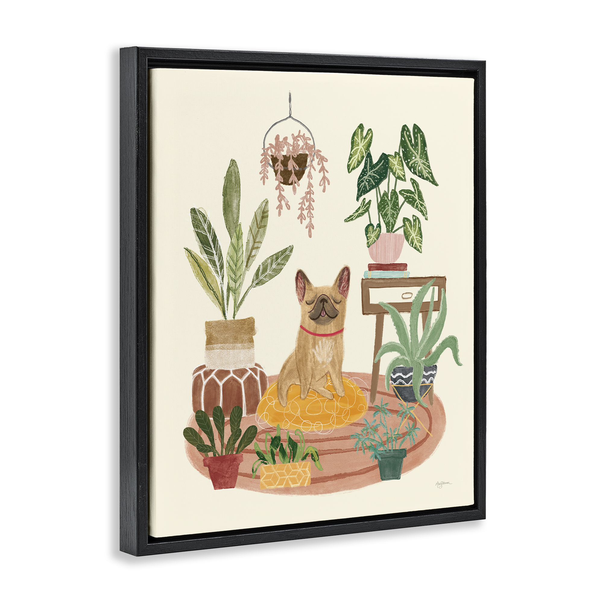 Stupell Industries Urban Dog with Plants Animals & Insects Painting Black Floater Framed Canvas Art Print Wall Art, 25 x 31