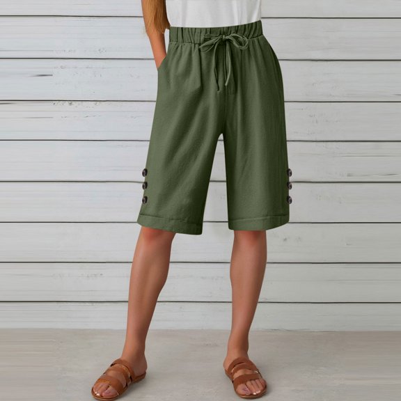 SELONE Green Womens Shorts with Pockets Plus Size Lounge Pants Cotton Linen Elastic Waist Bermuda Trousers Loose Casual Trendy Pants Drawstring Solid with Buttons 3XL Breathable Summer Clothes