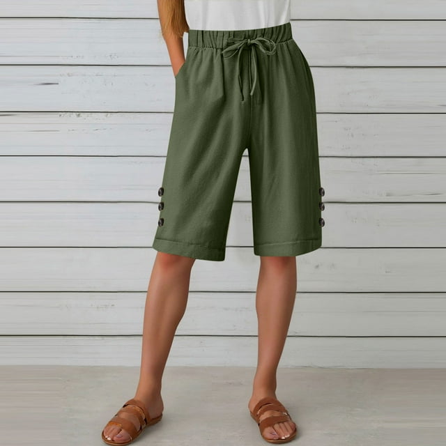 LVHAOGJOB Womens Summer Shorts with Pockets Linen Plus Size Loose Elastic Waist Drawstring Solid Color Shorts Pants for Ladies