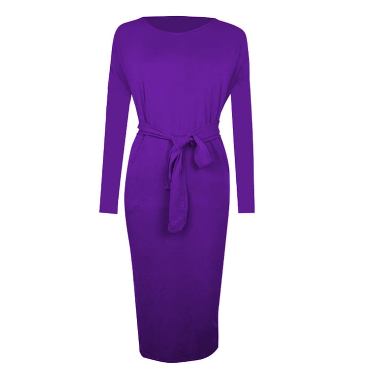 YHAJDS Women's Fall Winter Casual dress,Women's Dresses Casual Dress Long  Sleeve Dress Solid Color Round Neck Belted Pocket Fitted Dress for Women ...