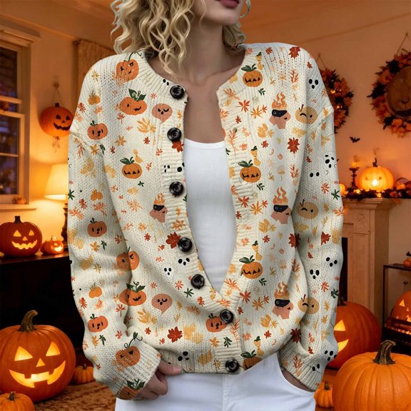 2026 New Halloween Sweaters for Women Casual Knitted Cardigan Pullover Cute Pumpkin Graphic Fall Button Down Tops(Beige4,XXXXXL)
