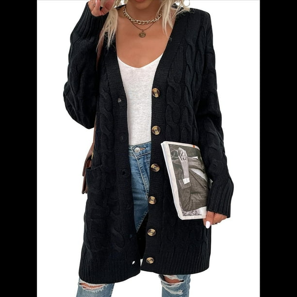 Suéter Cárdigan de Larga para Mujer, Otoño e Invierno, Tejido de Punto , con Botones Delanteros, Abrigo Negro XL