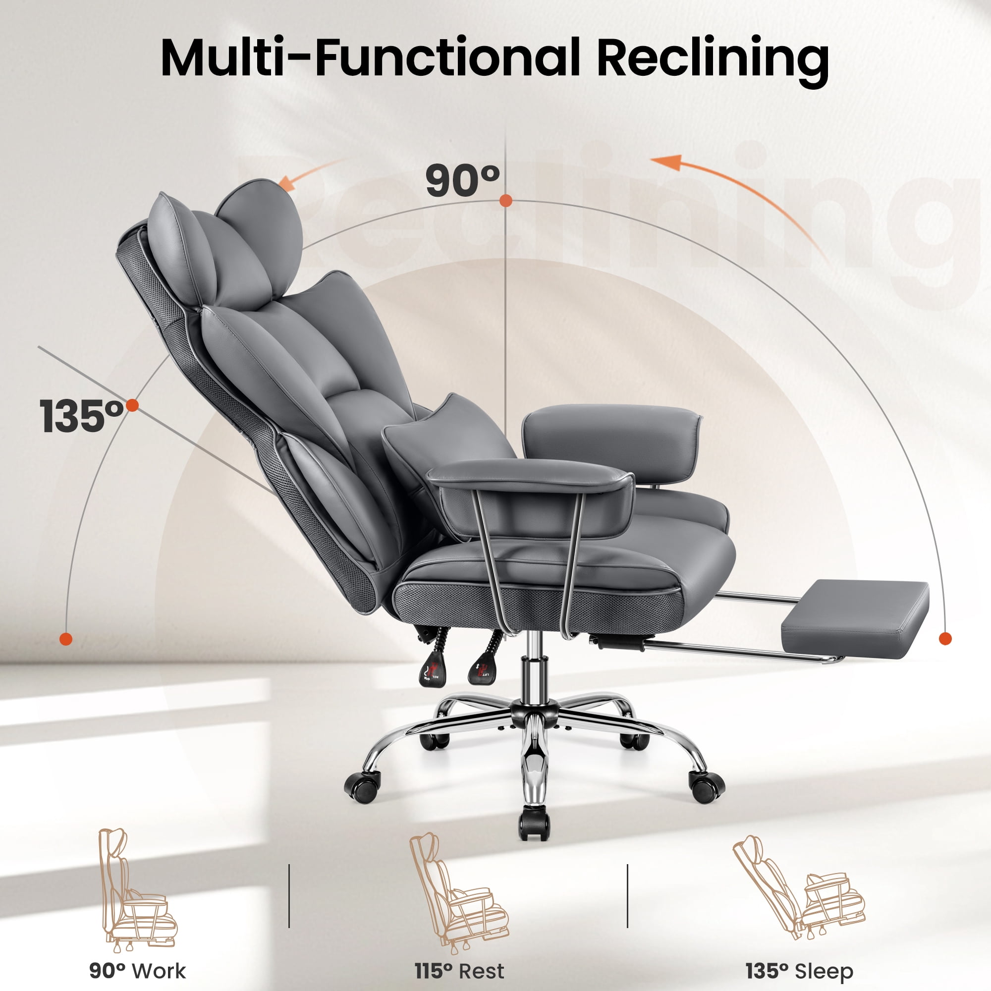 Primy High Back Office Chair, Big and Tall PU Leather Executive Chair with Footrest – Ergonomic Reclining Computer Desk Chair, High-Density Foam, Heavy Duty Swivel Rolling Chair, Gray