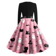 thumbnail image 5 of Women's Halloween Dress Candy Pumpkin Long Sleeve 1950s Cocktail Cute Dress V Neck Hepburn Vintage Classic Tea Length Dress with Belt L, 5 of 5