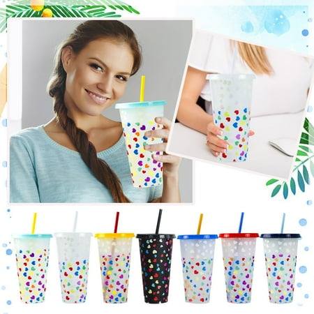 

Carmenl Creative Water Cup Heart Shape Cup PP Plastic Straw Cup Heart Shape Plastic Transparent Straw Cup 710ml Cold Change Temperature Sensitive Plastic Cup Kitchen cupsCoffee