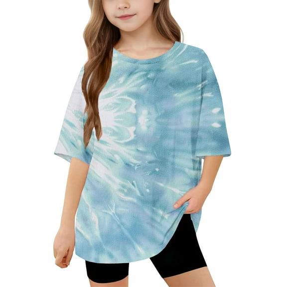 Frwgonr Little Girl Tops Soft Tie-Dye Tees Kids Tshirts Clothes Summer Tops T-Shirt Blue, Size 5-15 Years