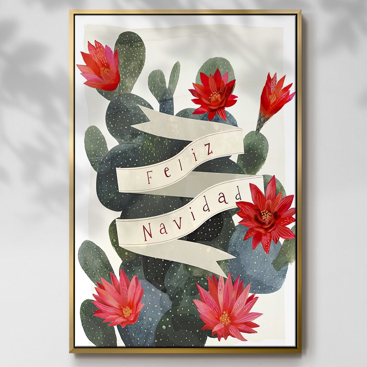 Desert Christmas Cactus I - Framed Gallery Wrapped Holiday Canvas - 17 x 25 - Gold Frame