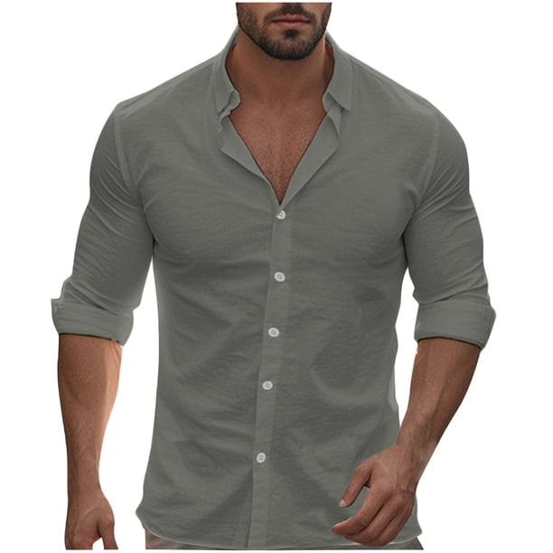 pstuiky camisas de manga larga para hombre, Camiseta de manga larga con botones y cuello vuelto de color liso para hombre camisetas de hombre s