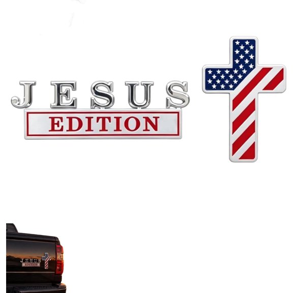 BARMOTU Blessed Jesus Edition Cross Emblem Metal Badge, 3D Jesus Christ Cross Edition Car Emblem Stickers with American Flag,Christian Patriotic Emblem for Auto, Trucks, SUV, Bumper