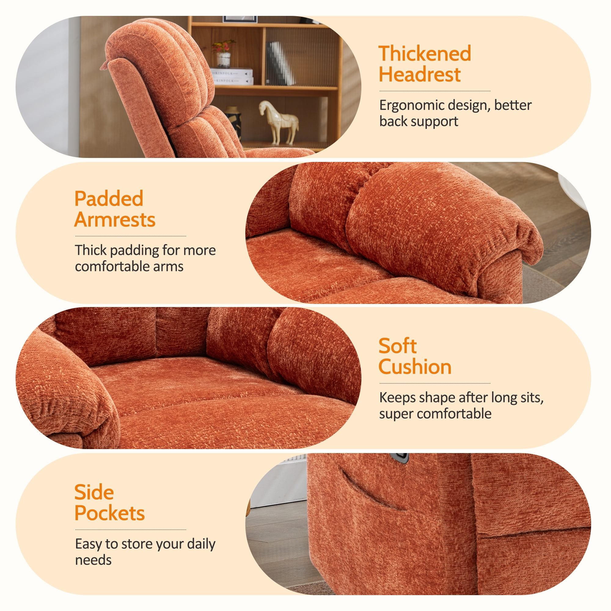 Korser Small Recliners for Small Spaces,Swivel Rocker Recliner Chair with Side Pockets for Living Room,Orange