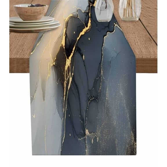 Marble Grey Table Runner-Cotton Linen- 36 Inch Holiday Dresser Scarves, Abstract Modern Gradient Gold Crack Tablerunner for Kitchen Coffee/Dining Bedroom Home Living Room Dinner Scarf Décor 13x36