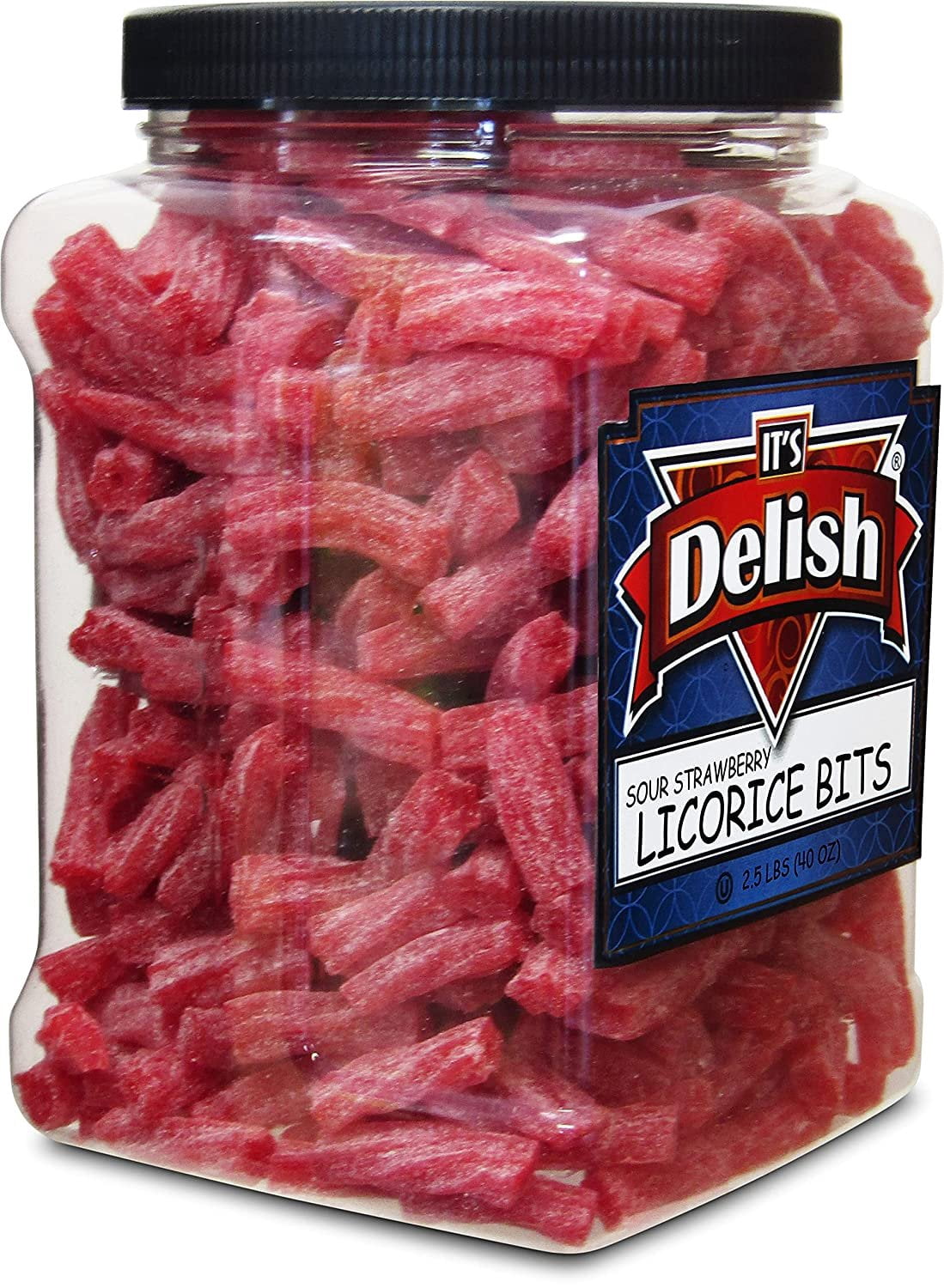 Sweet & Sour Strawberry Licorice Bits by Its Delish, 2.5 LBS 40 Oz Jumbo Container Jar  Chewy Red Strawberry Lightly Sour Candy Twists  Great Gifts Party Sweets  Made in USA, Vegan, Kosher