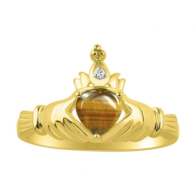 RYLOS Rings 14K Yellow Gold Claddah Love, Loyalty & Friendship Ring Heart 6MM Gemstone & Diamond Claddagh Rings November Tiger Eye Jewelry Size 9