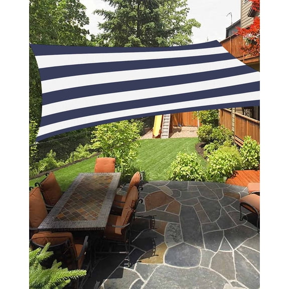 Navy Blue Waterproof Sun Shade Sail White Stripe Outdoor Patio Sun Shades Canopy UV Block Waterproof Sunshade for Garden Backyard Deck Pergola 8x10 Ft