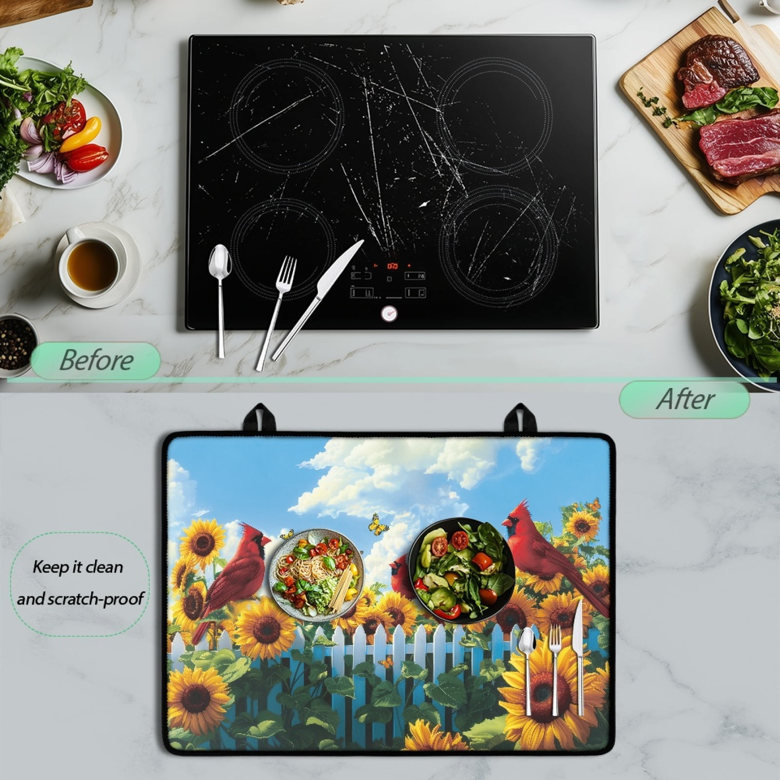 SEANATIVE Stove Top Cover for Glass Stove Cooktop Oven Mat Electric Stove Cover Countertop Surface Protection Multipurpose Electric Stove Mat, Sunflower North American Cardinal Bird Butterfly