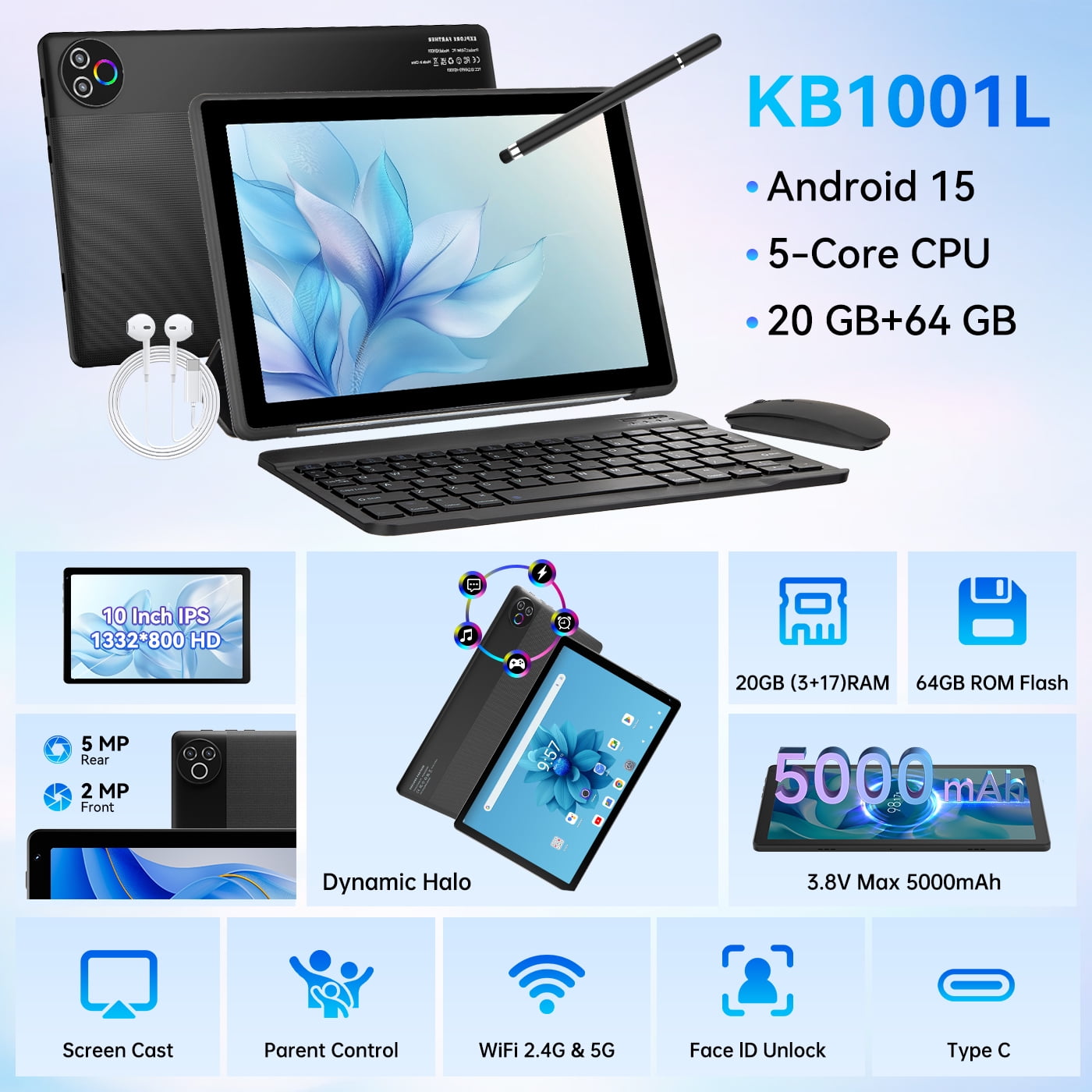Android 15 Tablet, 5-Core, 20GB RAM+64GB ROM+1TB Expand, 10inch