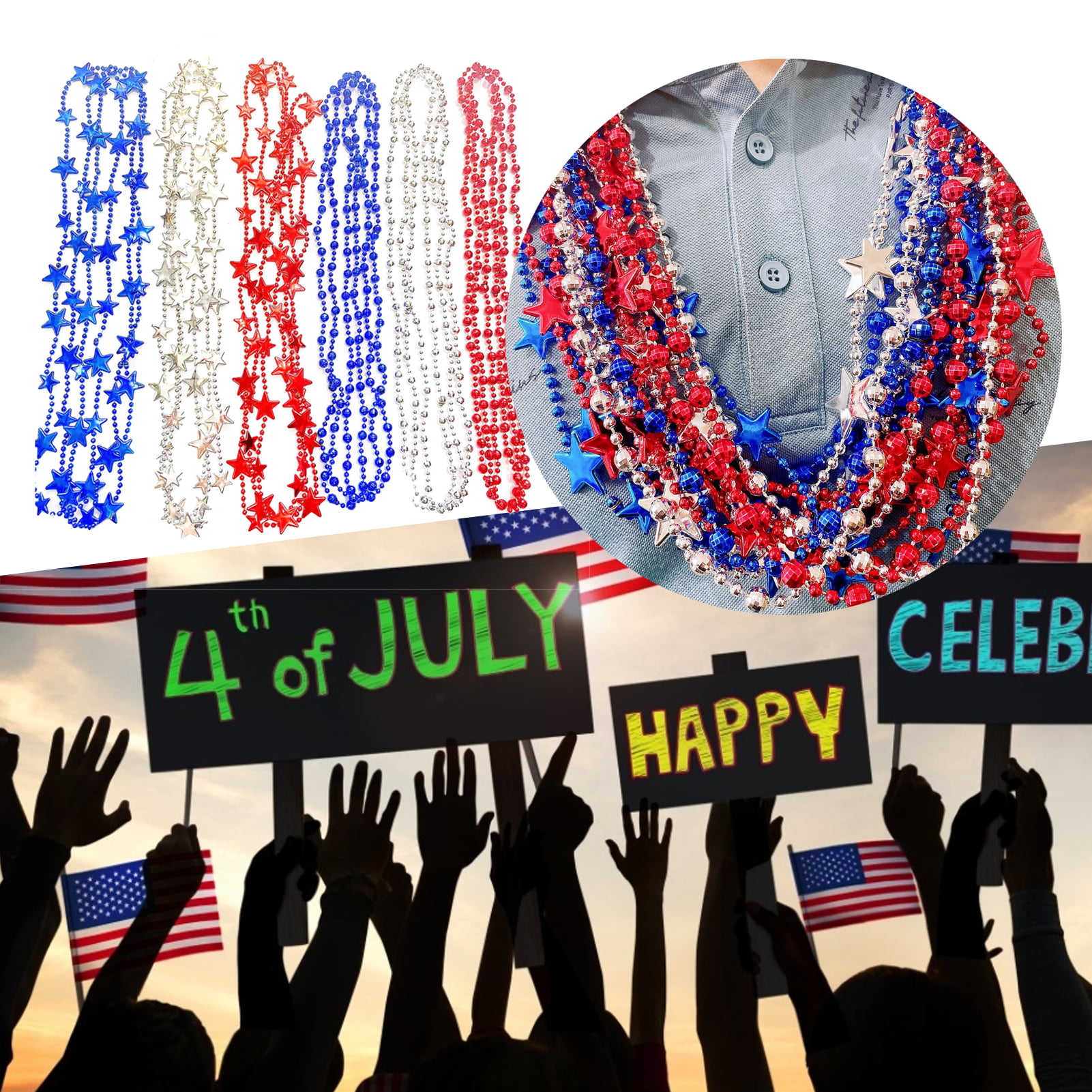 20PCS Fourth/4th of July Necklaces Beads: Patriotic Accessories Bulk  Memorial Day Party Favors Decor Decorations-Star Uncle Sam Hats