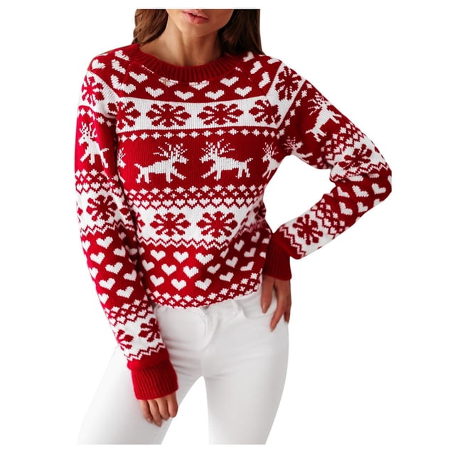 LUOGENLI Chandails pour Femmes Automne Chandail à Col Rond Flocon de Neige Noël Xmas Chandail en Tricot Hauts Blouse Rouge Taille m