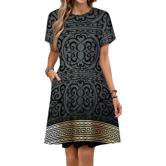 Greek Key Ornate Black & Gold Dress Summer Street Style Dresses Female Short Sleeve Printed Sundress