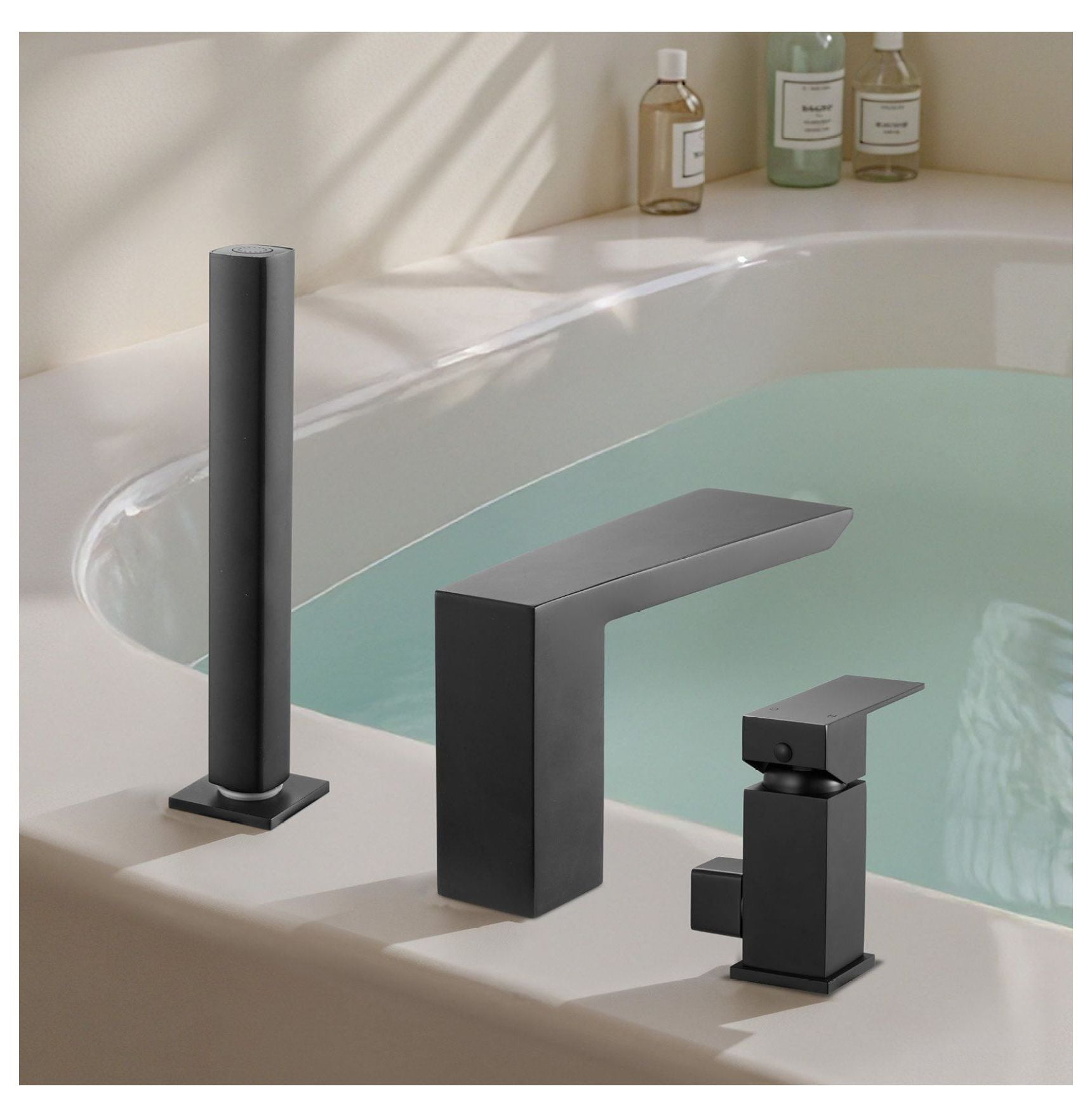 Roman Tub Faucet 3 Hole, Waterfall Bathtub Faucet with Shower Head, Matte Black Tub Spout, Stainless Steel Roman Bathtub Faucets for Adult Bathing & Pet Washing
