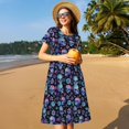 thumbnail image 4 of Rocae Skull Flower Blue for Dresses Summer Casual Ruffle Short Sleeve Cute Crew Neck Flowy Dress with Pockets, 4 of 6