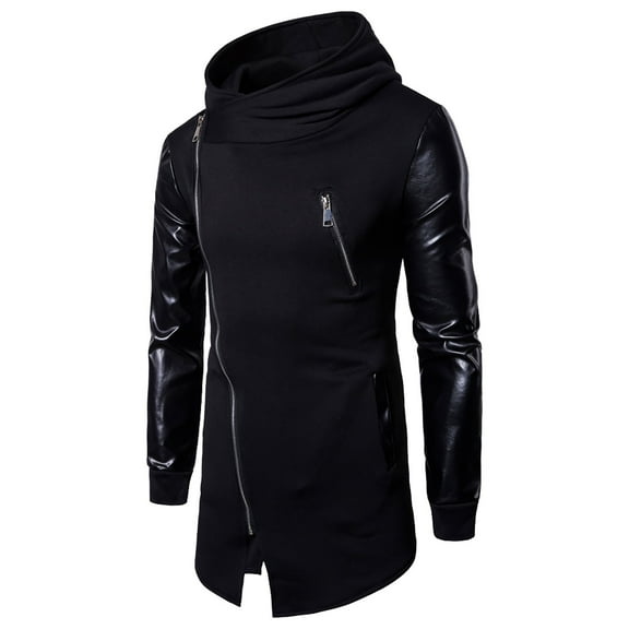 Odeerbi Hooded Casual Outwear Jackets for Men Sweater Trendy Casual Sleeves And Leather Irregular Hooded Jacket Black