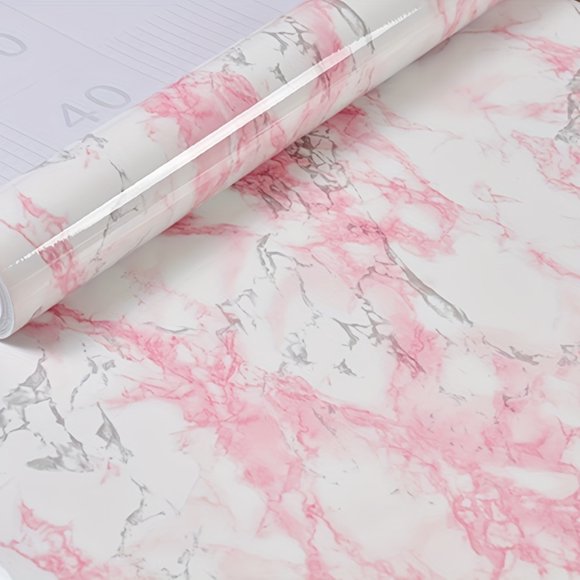 Transform Your Home with Self-Adhesive Wallpaper: White Marble-Look with Pink Stripes, Waterproof & Oil-Proof!