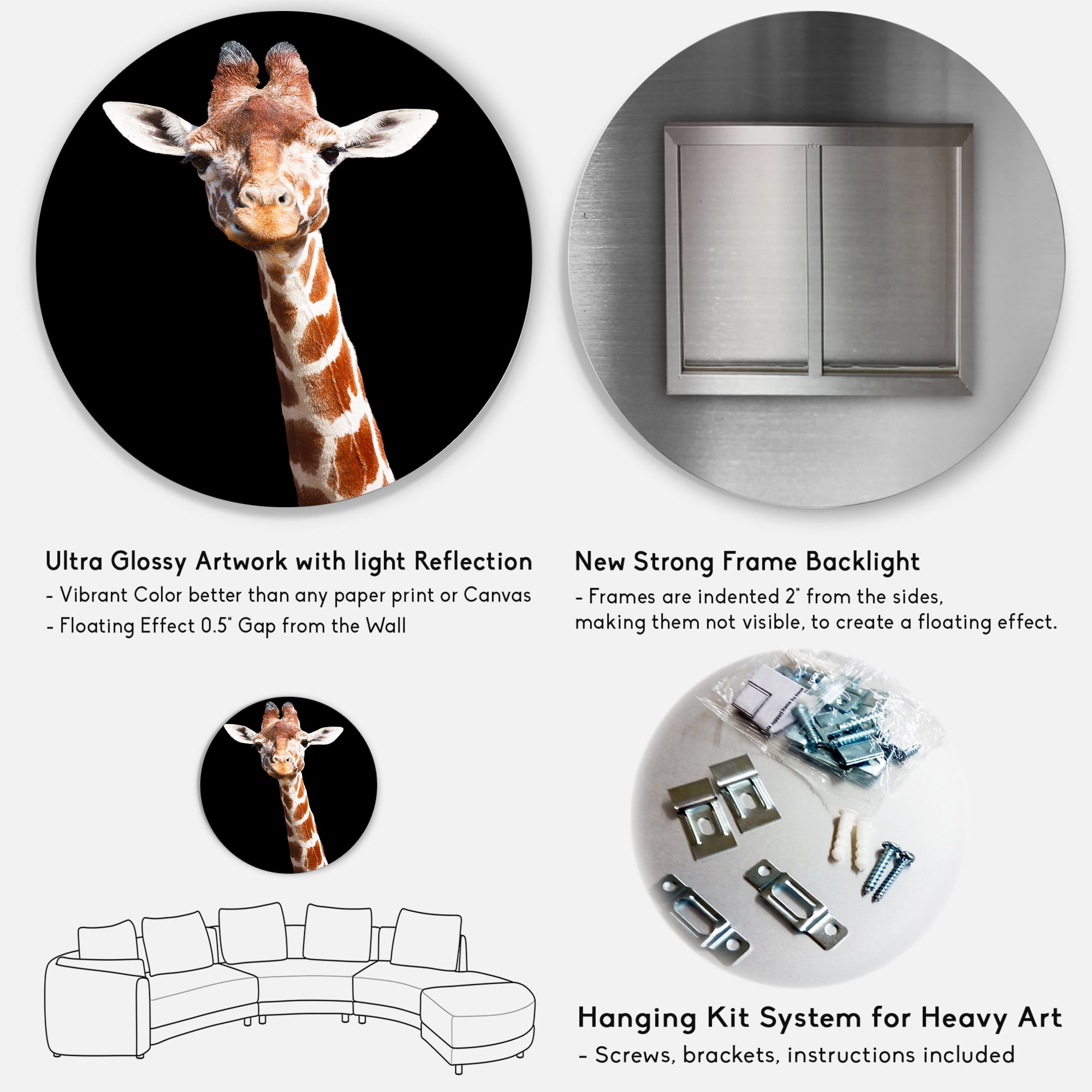 Designart 'Close Up Portrait Of A Giraffe On Black V' Farmhouse Circle Metal Wall Art 36x36 - Disc of 36