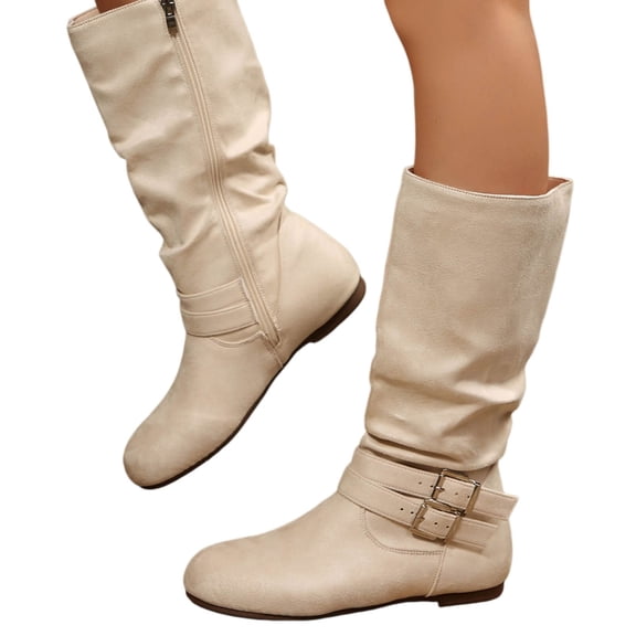 POROPL Boots for Women,Mid Calf Boots Slouch Low Heel Side Zipper Fashion Ankle Buckle Boots