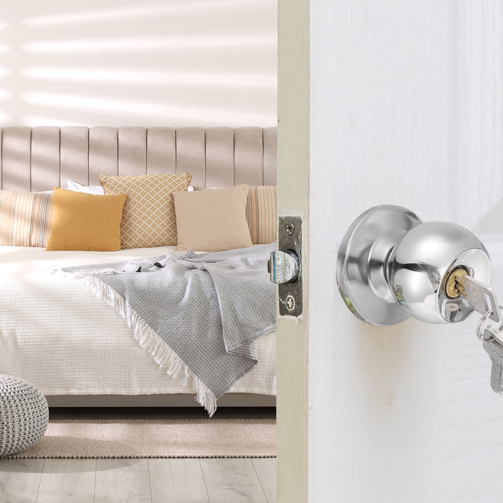 Door Knob with Lock and Key, Round Handles Keyed Exterior and Interior Lock with Screws, Fits 1.77"-2.56" Thickness for Front Door Entry Door, Silver Tone