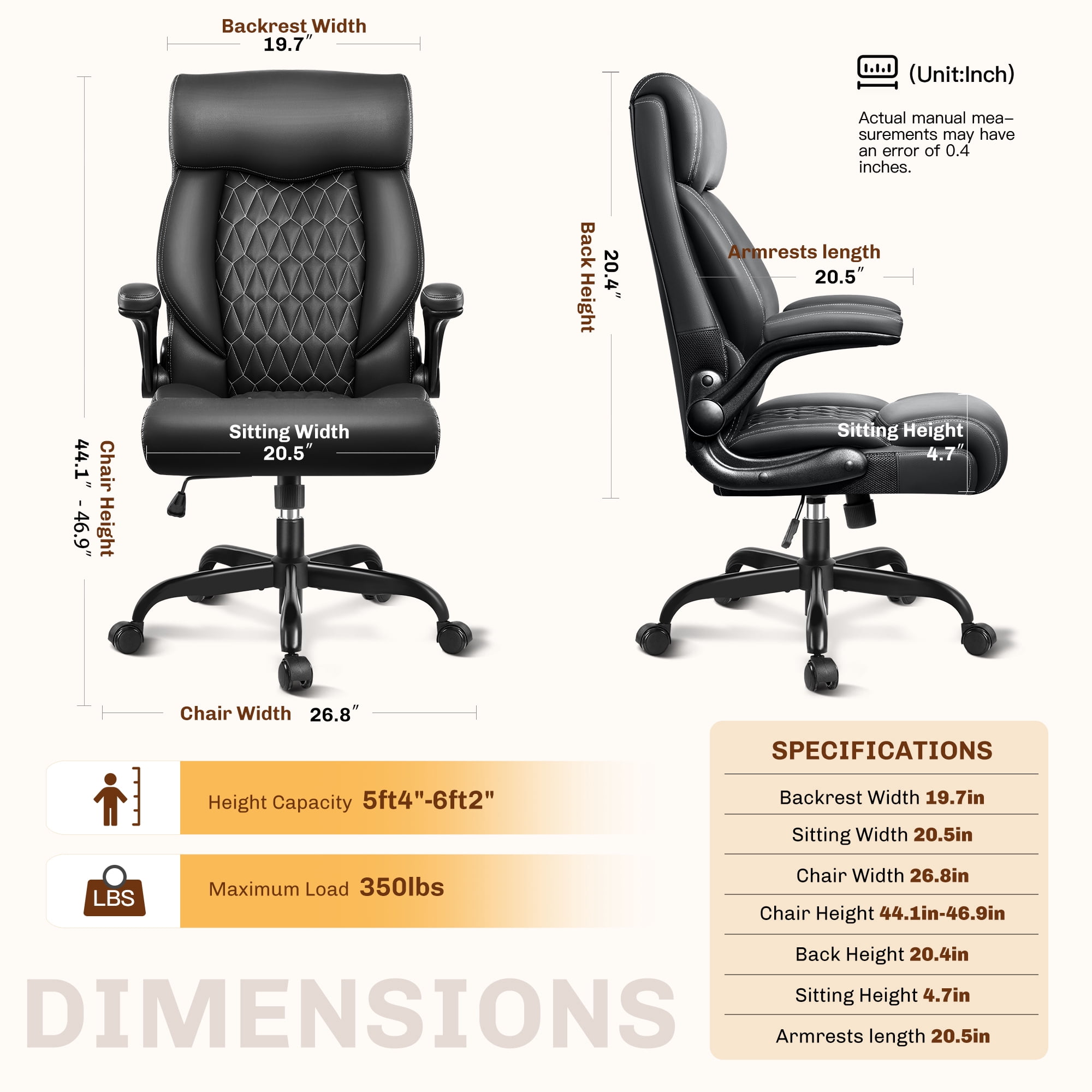FASTES Office Chair, Ergonomic Computer Desk Chair with Rocking Function, Big and Tall Leather Office Chair with Adjustable Flip-up Armrests and Lumbar Support, Black