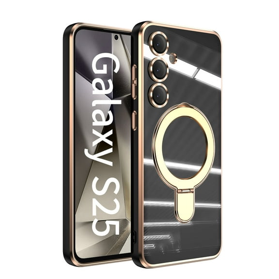 Dteck for Samsung Galaxy S25 Case with Magnetic Ring Stand, Compatible with MagSafe, Full Camera Lens Protector Plating Bumper Shockproof Phone Cover for Samsung S25 5G 6.2",Black