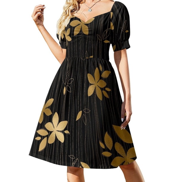 Vestido de lujo de manga corta con estampado floral negro y dorado para mujer, vestido formal para ocasiones especiales, vestido de noche para mujer.