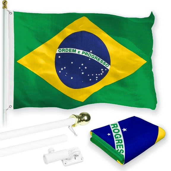 G128 Combo Pack: 6 Feet Tangle Free Spinning Flagpole (White) Brazil Brazilian Flag 3x5 ft Printed 150D Brass Grommets (Flag Included) Aluminum Flag Pole