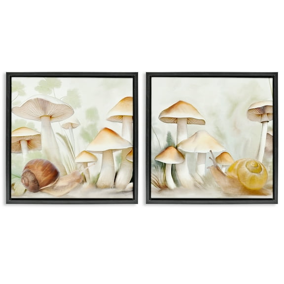 Stupell Industries Snail Crawl by Mushrooms Plants & Flowers Painting Black Floater Framed Canvas Art Print Wall Art, 18 x 18, Set of 2