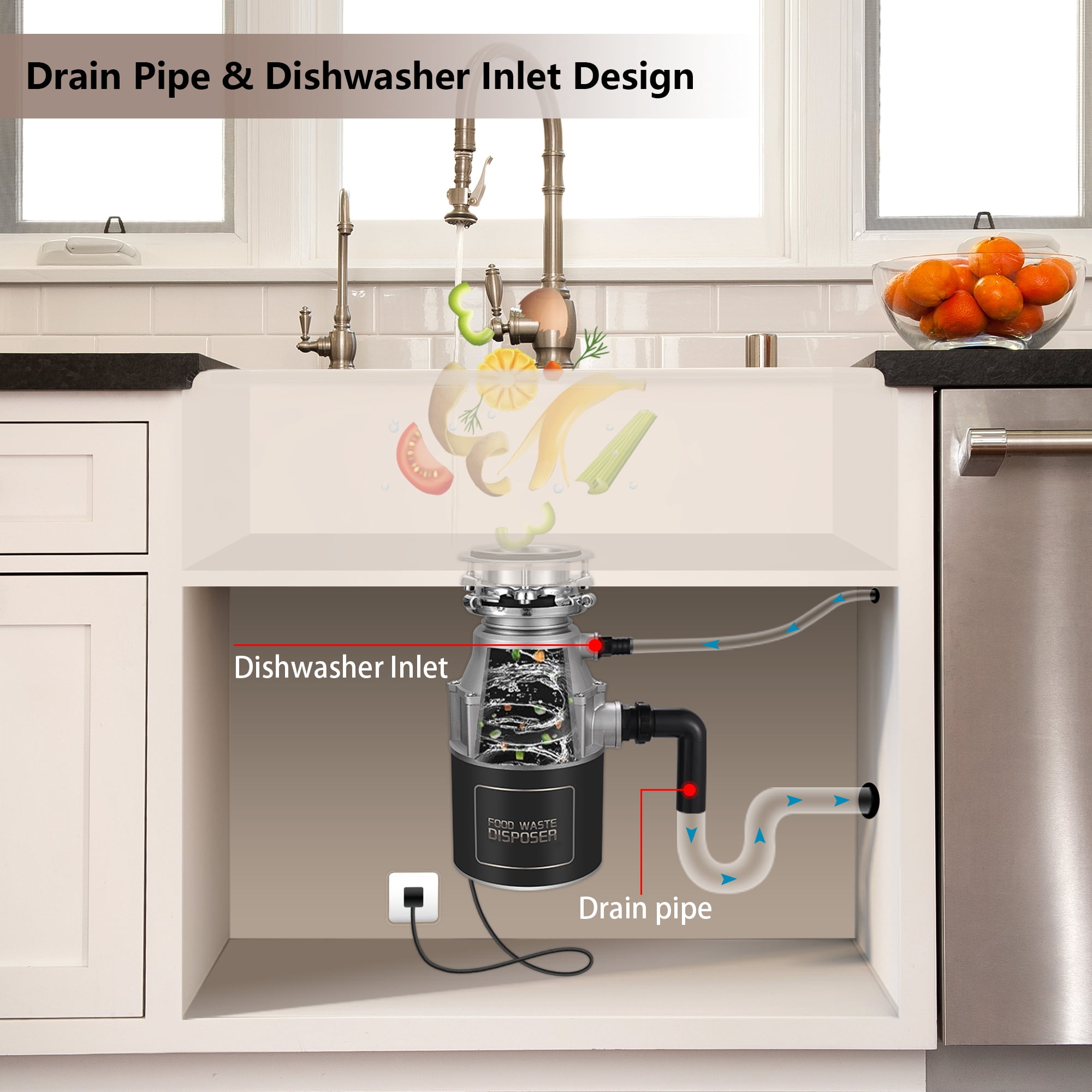 Trifecte 3/4PH Garbage Disposal, 3800RPM DC Motor Continuous Feed Food Waste Disposal with Power Cord