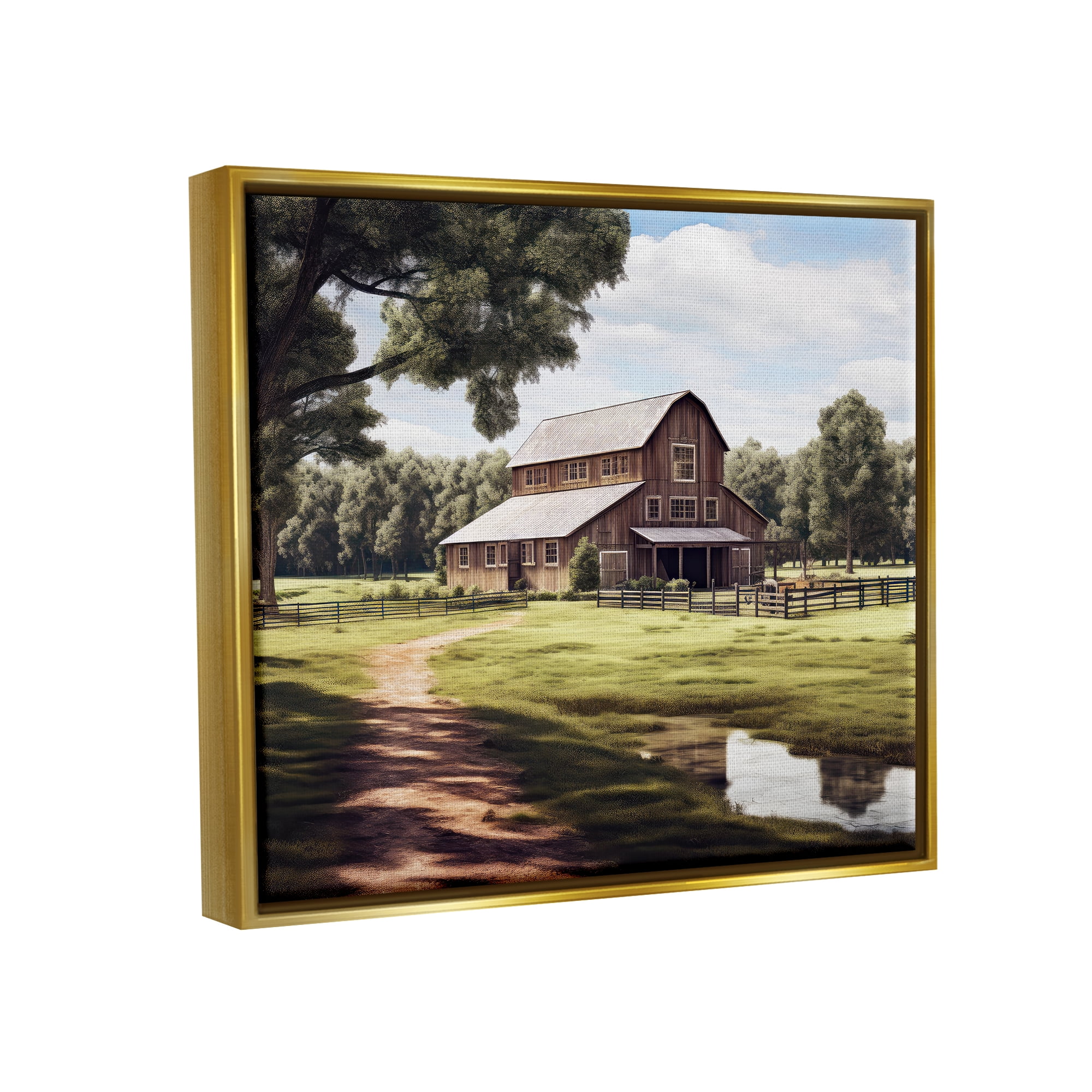 Stupell Industries Farmhouse Barn & Stream Landscape Painting Gold Floater Framed Canvas Art Print Wall Art, 31 x 25