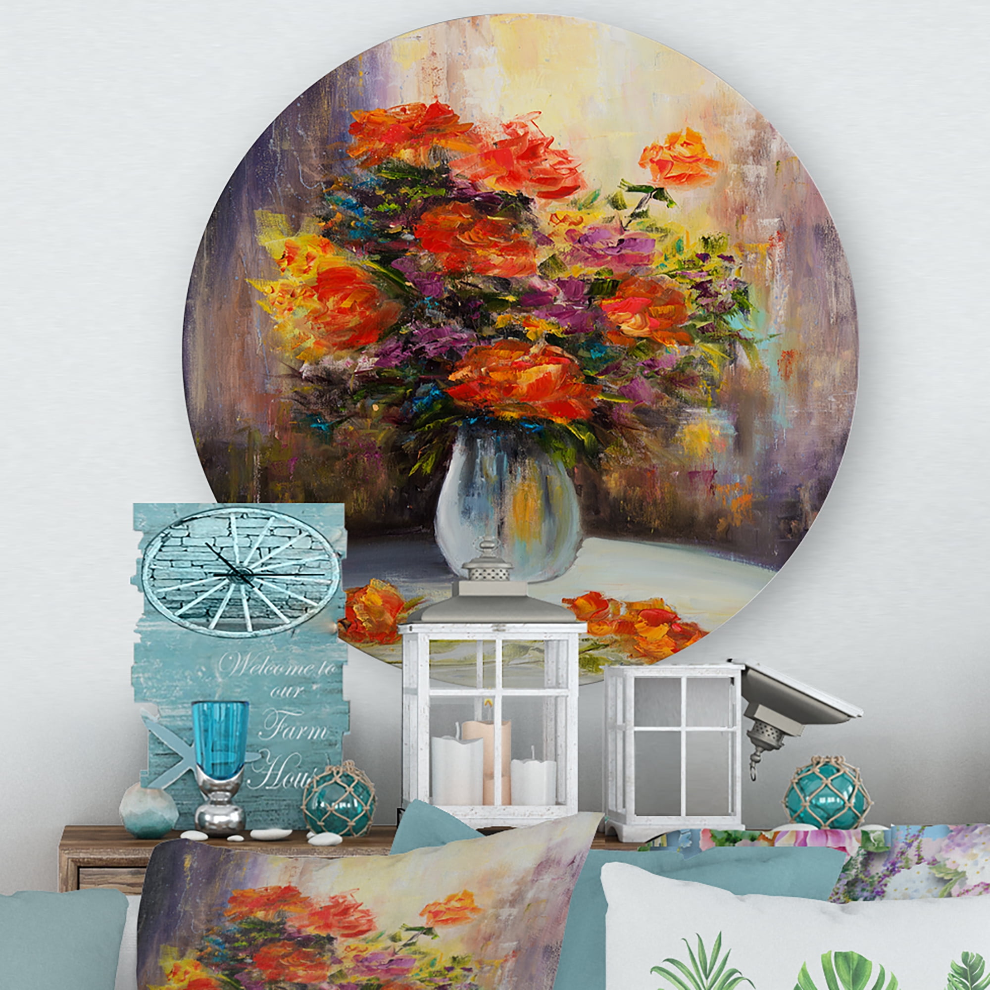 Still Life Bouquet With Yellow and Red Flowers 11 in x 11 in Painting Art Prints, by Designart
