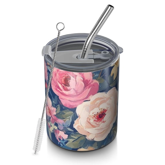 12oz Coffee Tumblers Pioneer Flower Stainless Steel Vacuum Insulated Travel Tumbler Coffee Cups Mug with Lid and Straw with Cleaning Brush for Cold & Hot Drinks