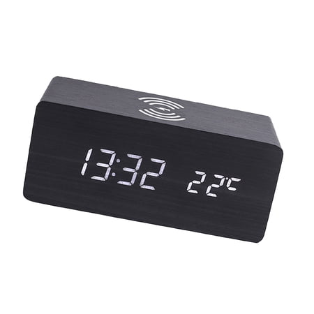 YAHHU Digital Wooden Alarm Clock Electronic LED Time Display for Bedroom 10W Wireless Charging Station 3 Alarms Date Temp Display, Black (6.61 inches / 16.8 cm)