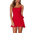 thumbnail image 1 of Robe Décontractée à Volants pour Femmes Robe Portefeuille Unie Bretelles Spaghetti Nœud devant Robes Courtes Rouge, 1 of 2