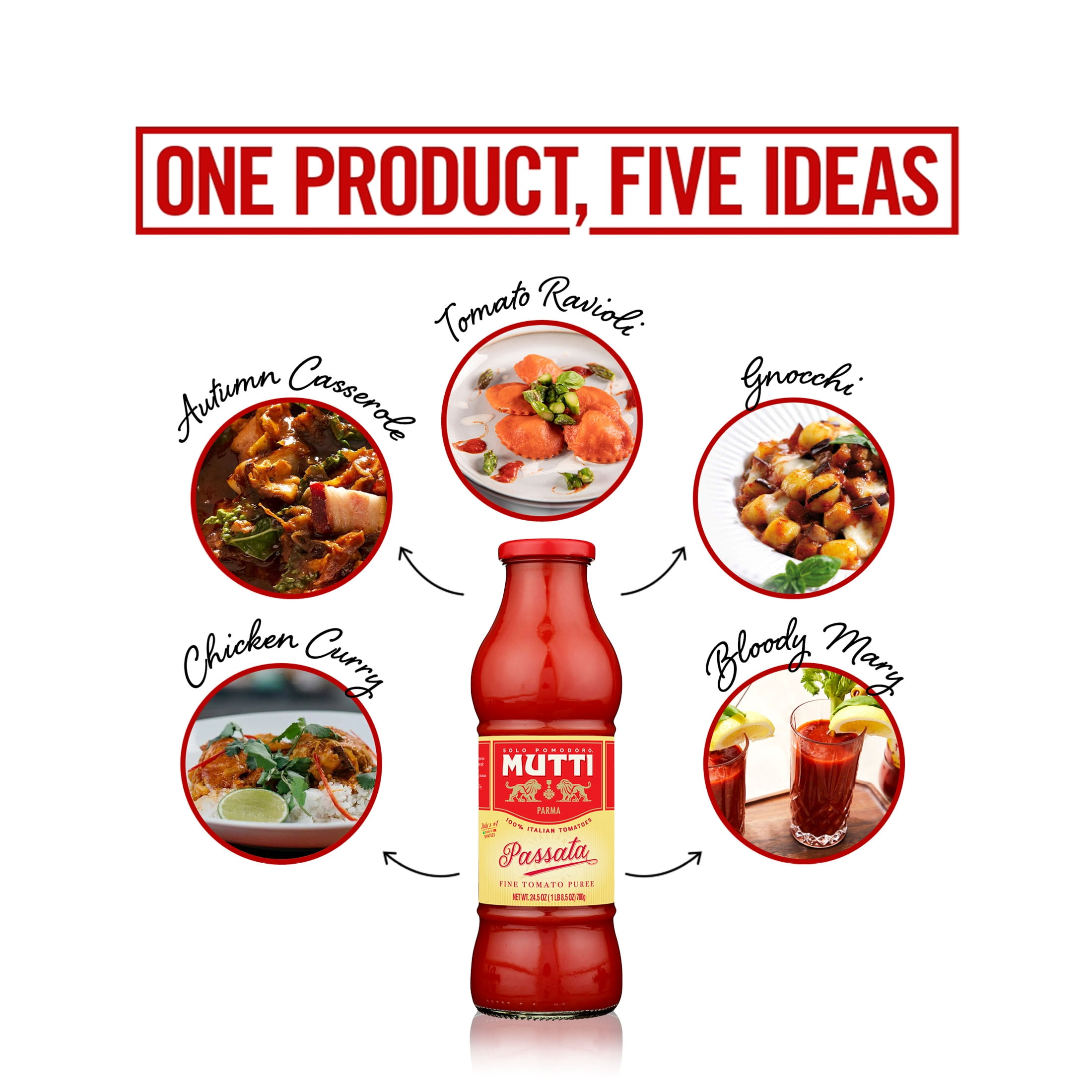 (4 pack) Mutti® 's Sweet and Velvety Tomato Puree (Passata) from Italy’s #1 Tomato Brand, 24.5 oz, Glass Bottle