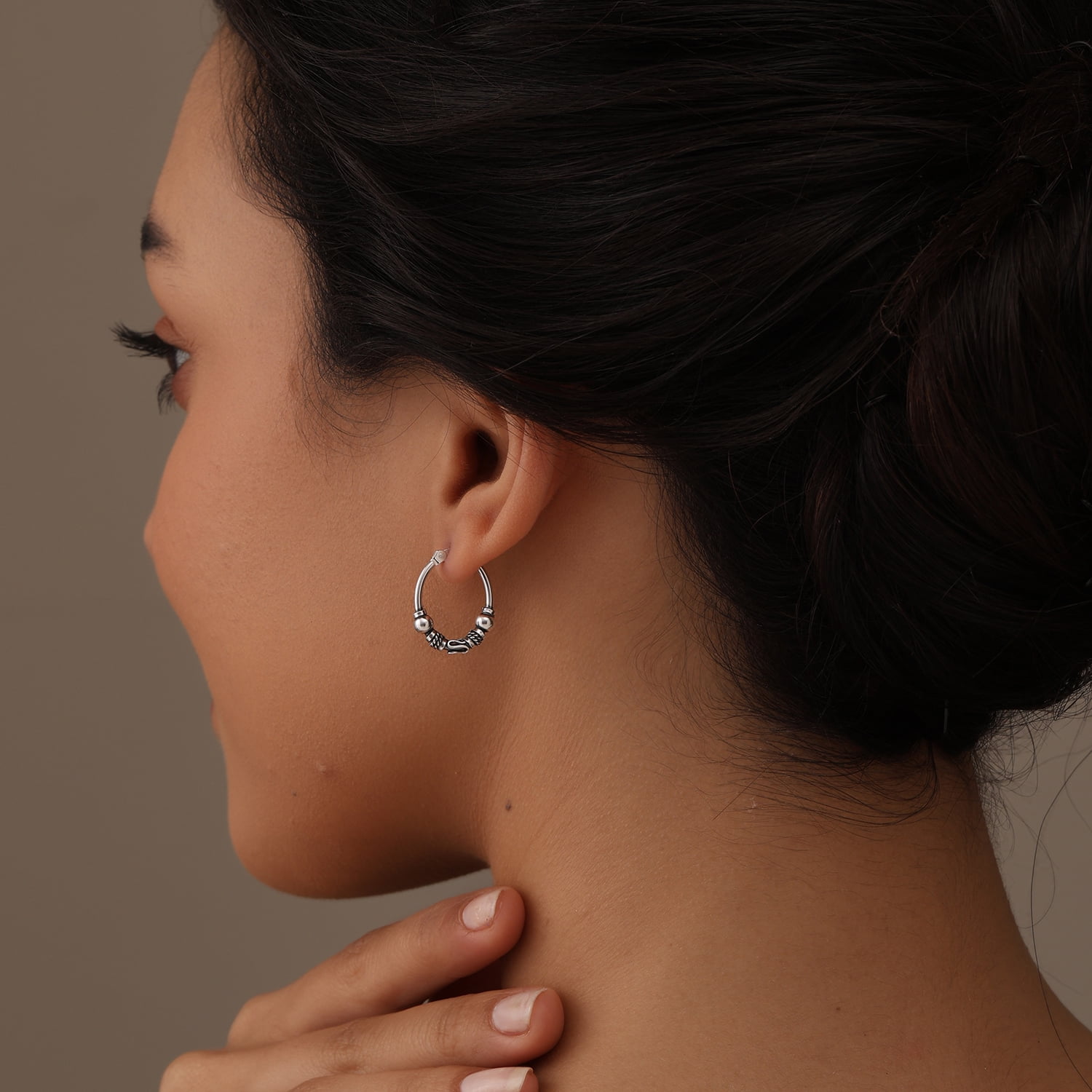 LeCalla 925 Sterling Silver Light-Weight Click-Top Oxidized Tribal Bali Hoop Earrings for Women and Teen 20MM