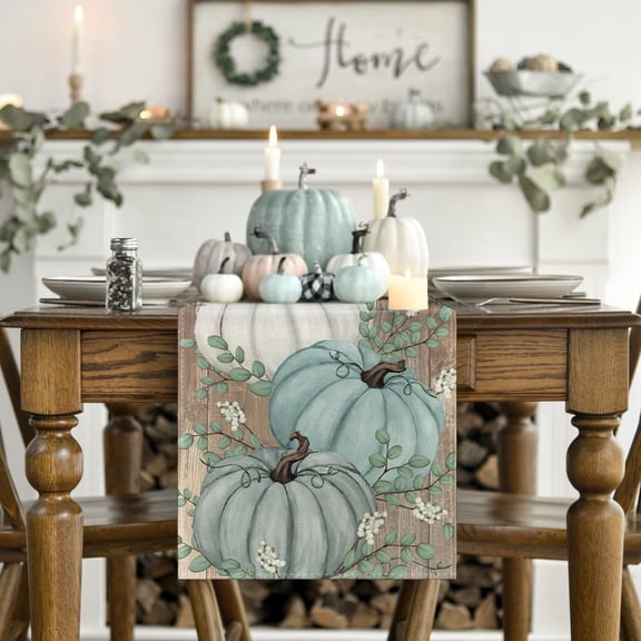 mubwai Pumpkins Eucalyptus Leaves Wood 210 GSM Fall Table Runner, Autumn Thanksgiving Kitchen Dining Table Decoration for Home Party Decor 13x36 Inch