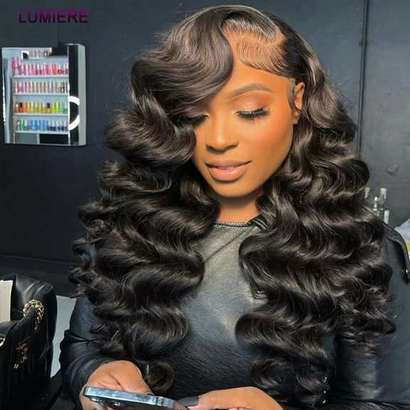 Lumiere Brazilian Loose Deep Wave Lace Front Human Hair Wigs 13×4 Lace Front Wig Cap 180% Natural Black 26"