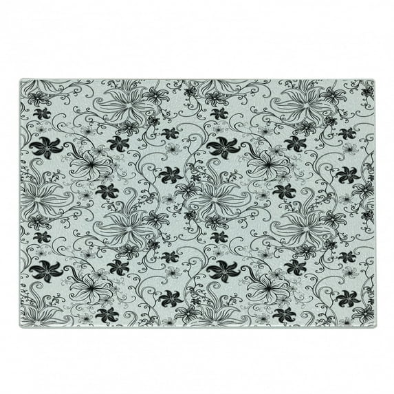 Floral Cutting Board, Flowers Leaves Twirled Swirls Buds Nature Romantic Design Art Print, Decorative Tempered Glass Cutting and Serving Board, Small Size, Black and White, by Ambesonne