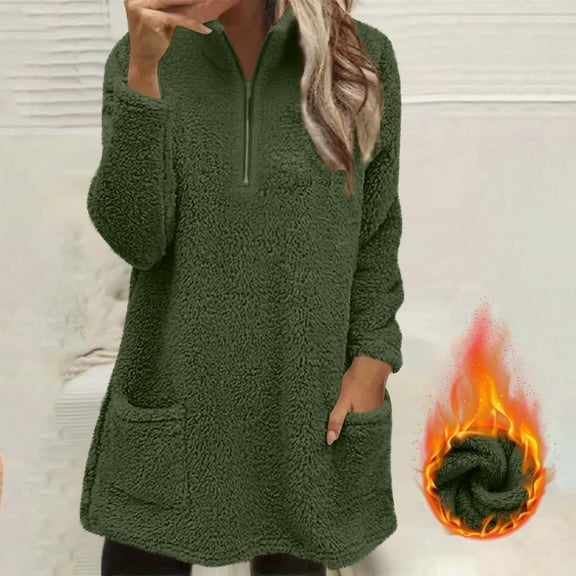 Women's Half Zip Pullover Stand Collar Plush Fleece Sweatshirt Oversized Long Sleeve Casual Cozy Thermal Winter Top with Pockets